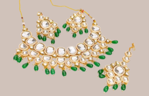 Golden Kundan Necklace Set Green Beads